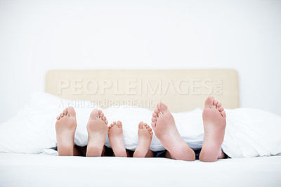 Buy stock photo Fun shot of three pairs of feet peeking out from under a duvet