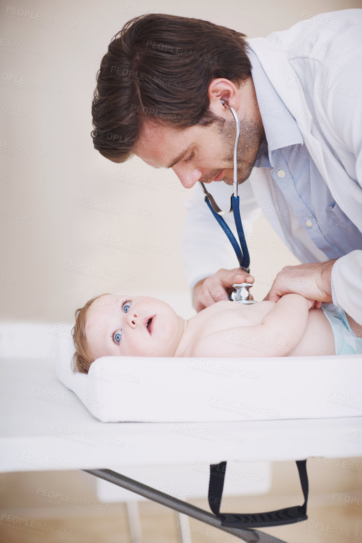 Buy stock photo Doctor, man and stethoscope for baby, listen and check breathing for wellness assessment at clinic. Person, pediatrician and medical equipment for exam with infant healthcare services at hospital