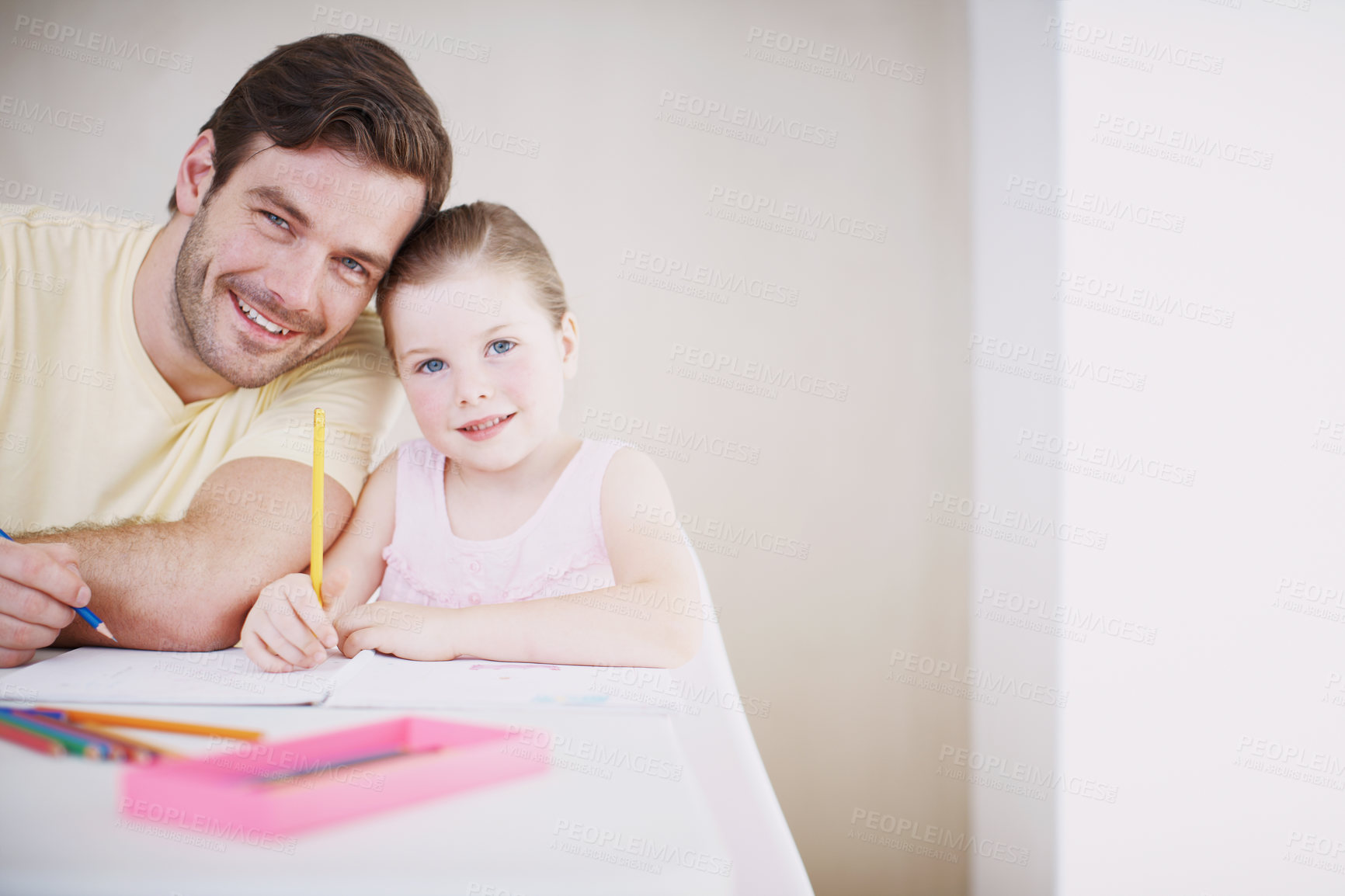 Buy stock photo Portrait, father and child with pencils in home for creative skills, academic growth or space. Dad, daughter and smile in house with coloring book for art, assignment and learning development.