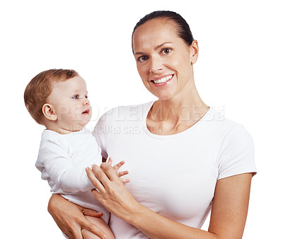 Buy stock photo An attractive young mom holding her baby daughter