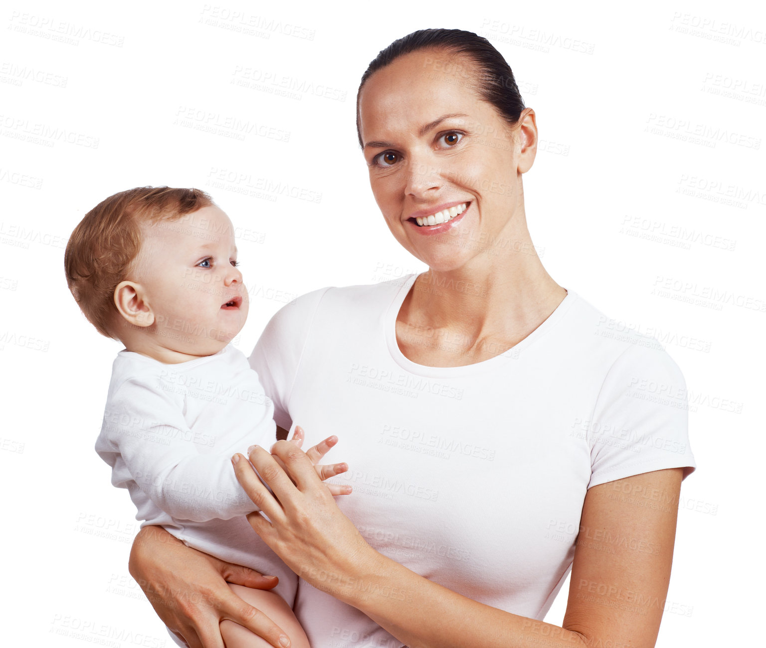 Buy stock photo An attractive young mom holding her baby daughter