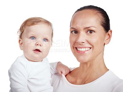 Buy stock photo Closeup shot of an attractive young mom holding her baby daughter