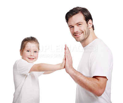 Buy stock photo Portrait of a young father and his little girl being playful