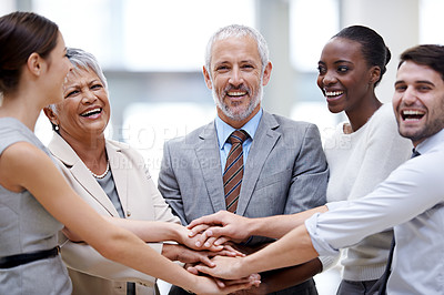 Buy stock photo Portrait, teamwork or happy business people with stack of hands for mission goals, collaboration or support. Team building, group or employees in meeting with smile, solidarity or motivation together