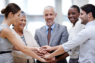 Buy stock photo Portrait, group or happy business people with stack of hands for mission goals, collaboration or teamwork. Team building, support or employees in meeting with smile, solidarity or motivation together