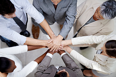 Buy stock photo Group, top view or business people with hands in stack for mission goal, collaboration or teamwork. Team building, unity circle or above of employees in meeting with support, solidarity or motivation