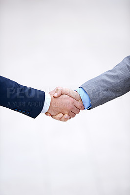 Buy stock photo Closeup, business people and shaking hands for partnership deal, collaboration and b2b agreement for consultant. Welcome, introduction and handshake in studio isolated on a white background mockup