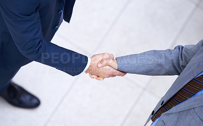 Buy stock photo Top view, business people and handshake for deal, collaboration and b2b partnership agreement for consultant. Above, introduction and shaking hands for greeting, welcome and thank you in workplace