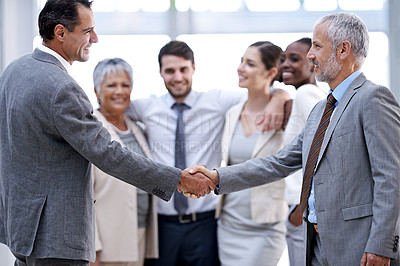 Buy stock photo Business people, boss or shaking hands for deal, b2b collaboration or teamwork in office. Handshake, partnership or proud employee in corporate agreement with meeting success, welcome or thank you