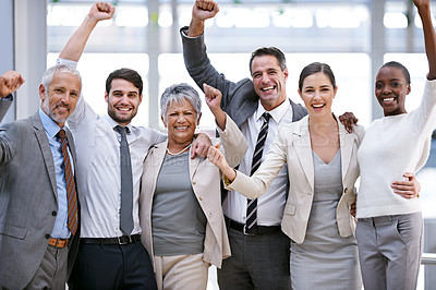 Buy stock photo Happy business people, portrait or cheers for winning with collaboration target, goals or teamwork. Hands up, profit bonus or excited employees in corporate with group success, welcome or achievement