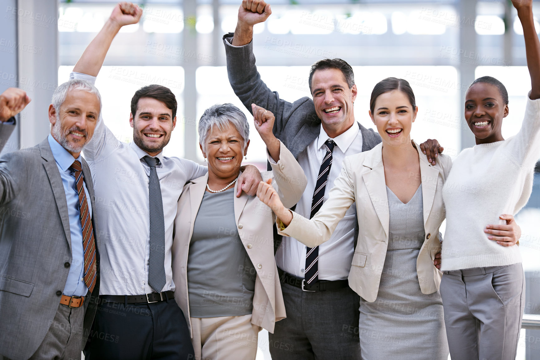 Buy stock photo Happy business people, portrait or cheers for winning with collaboration target, goals or teamwork. Hands up, profit bonus or excited employees in corporate with group success, welcome or achievement