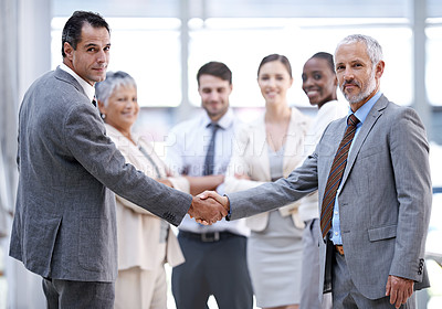 Buy stock photo Business people, portrait or handshake for deal, b2b collaboration or teamwork in office. Shaking hands, partnership or proud employee in corporate agreement for meeting success, welcome or thank you