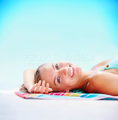 Buy stock photo Summer, woman and towel portrait with travel, vacation and happy with a smile in swimsuit. Relax, pool and freedom with holiday in Miami lying on the floor ready for swimming on a trip with bikini