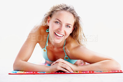 Buy stock photo Relax, smile and bikini with portrait of woman on towel for swimming, summer and travel vacation. Tropical, happy and holiday with face of person and sunbathing for outdoor peace and swimwear 