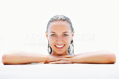 Buy stock photo Portrait, edge and swimming pool with woman, vacation and relax with holiday, water and getaway trip. Face, person and girl with wellness, wet and summer with weekend break, luxury and mockup space