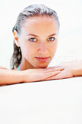 Buy stock photo Portrait, edge and swimming pool with woman, holiday and relax with luxury, water and getaway trip. Face, person and girl with wellness, wet and summer with weekend break, vacation and mockup space
