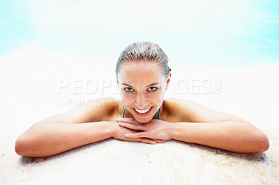 Buy stock photo Portrait, edge and woman with a smile, swimming pool and vacation with weekend break, relax and happiness. Face, wet and person with joy, swimming and relax with holiday, getaway trip, calm or summer