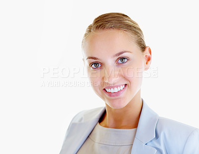 Buy stock photo Portrait of a smiling cute business woman isolated against white background