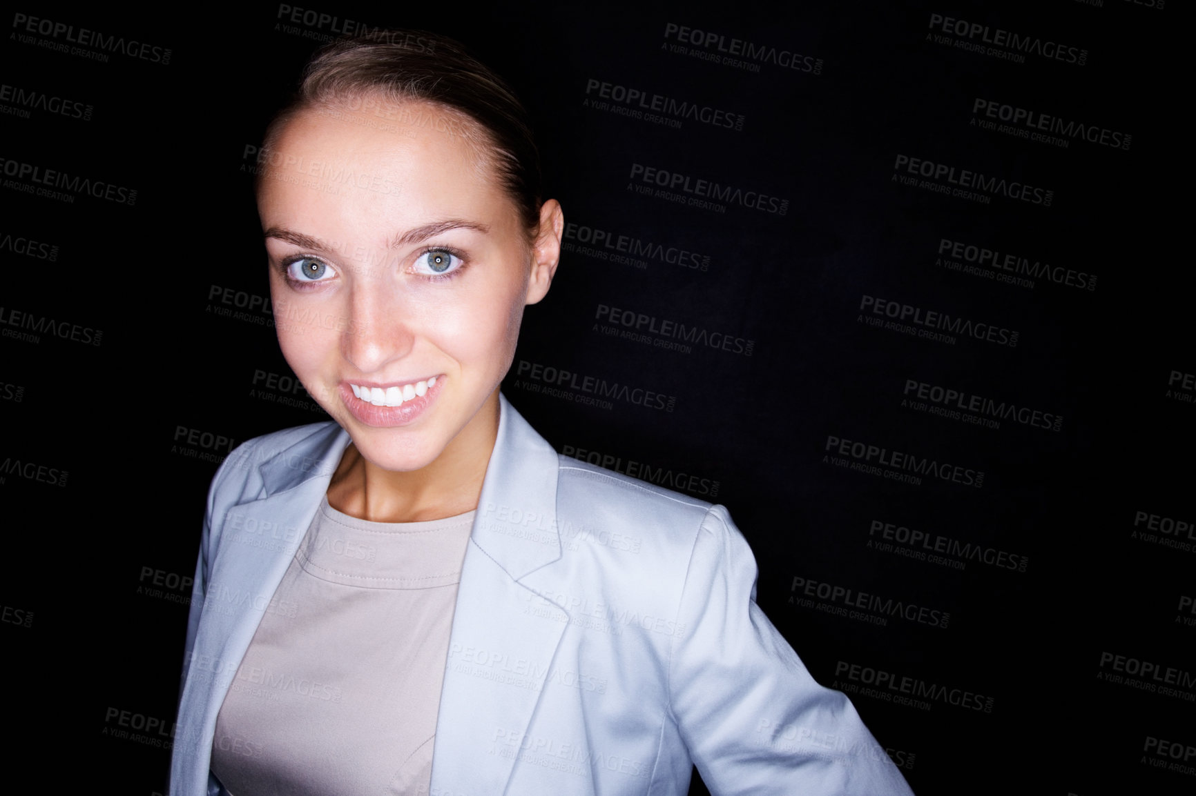 Buy stock photo Young smiling business woman against black background with copyspace