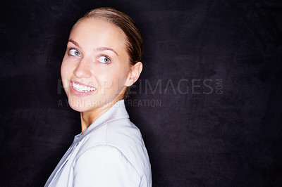 Buy stock photo Portrait of a cute business woman isolated on black background , copyspace
