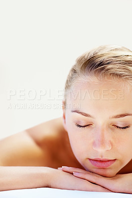 Buy stock photo Woman, sleeping and closeup on bed in spa for health, wellness and recovery with rest, peace and quiet. Girl, mockup space and resort for rehabilitation, massage and physical therapy for body fatigue