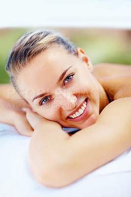 Buy stock photo Portrait, smile and woman with luxury for massage to relax, wellness and health with weekend break, stress relief and calm. Peaceful, happiness and spa for physical therapy, body treatment and face