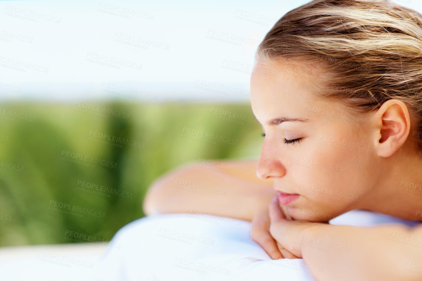 Buy stock photo Woman, sleeping and relax on bed in spa for health, wellness and recovery with rest, peace and quiet. Girl, mockup space and resort for rehabilitation, massage and physical therapy for body fatigue