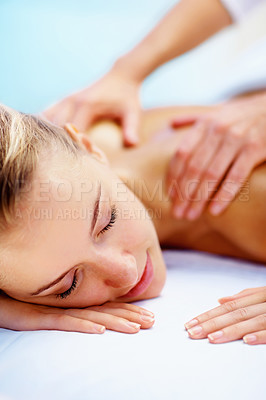 Buy stock photo Spa, massage and holiday with woman, luxury resort and health with body care, treatment and relax. Person, getaway and girl on a weekend break, calm and wellness with peace, stress relief and zen