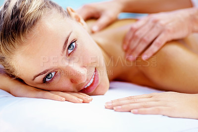 Buy stock photo Woman, portrait and smile at spa for back massage wellness cosmetics or holistic therapy at holiday resort. Beauty salon, skincare and face of client relax for shoulder treatment, healing or vacation
