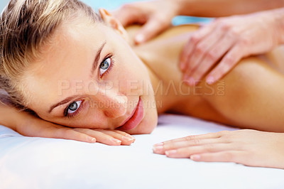 Buy stock photo Woman, portrait and massage back with spa therapist for wellness, holistic therapy or cosmetic care at holiday resort. Beauty salon, skincare and face of client relax for treatment, break or vacation