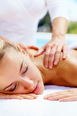 Buy stock photo Spa, massage and luxury with woman, relax and health with body care, treatment and vacation. Person, getaway trip and girl on a weekend break, calm and holiday with peace, stress relief and wellness