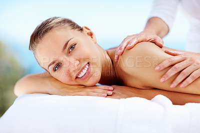 Buy stock photo Woman, portrait and happy at spa for back massage wellness cosmetics and holistic therapy outdoor at holiday resort. Beauty salon, skincare and client smile for treatment, healing and luxury vacation