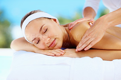 Buy stock photo Spa, massage and woman sleeping with hands of beauty therapist with wellness and health outdoor. Resort, relax and calm female person with zen and pamper treatment for skincare and stress relief