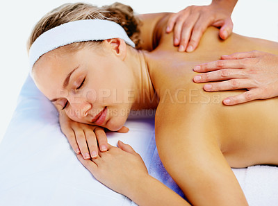 Buy stock photo Spa, massage and woman with beauty therapist hands for back wellness and health in a salon. Resort, masseuse table and calm female person with zen and pamper treatment for body and stress relief
