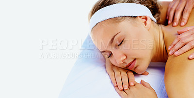 Buy stock photo Spa, sleep and woman with back massage for wellness and health in a salon. Resort, masseuse table and calm female person with zen and treatment for beauty and body stress relief with white background