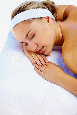 Buy stock photo Spa, massage and woman sleeping ready for back care for wellness and health in a salon. Resort, masseuse table and calm female person with zen and pamper treatment for beauty and stress relief