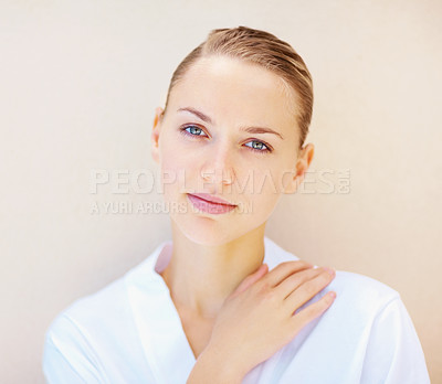 Buy stock photo Portrait, beauty and aesthetic with a young woman on a wall background for wellness or natural treatment. Face, skincare and cosmetics with a person at the spa or salon for dermatology or self care