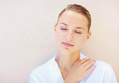 Buy stock photo Face, beauty and aesthetic with a young woman on a wall background for wellness or natural treatment. Relax, skincare and cosmetics with a person at the spa or salon for dermatology or self care