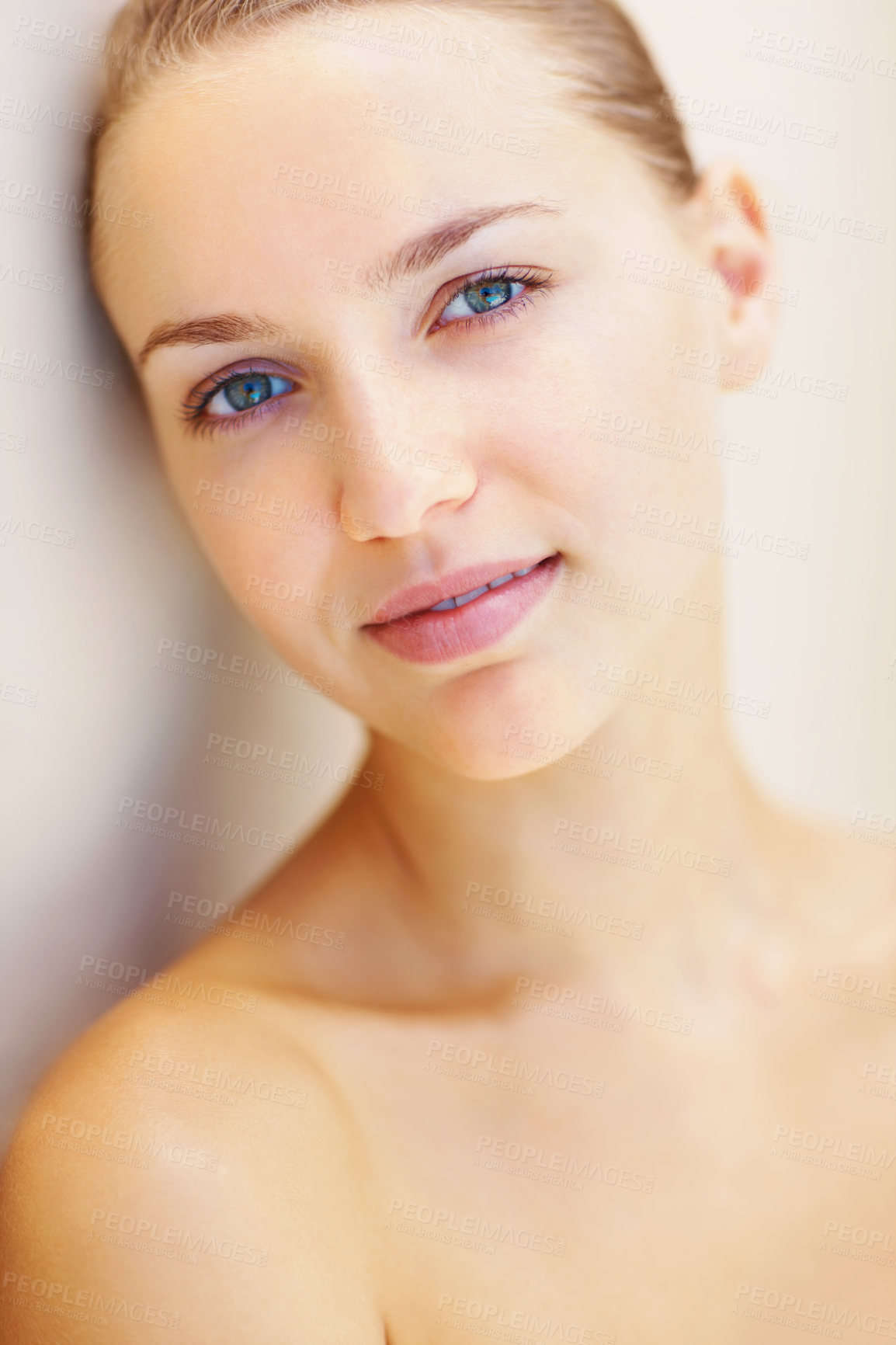 Buy stock photo Portrait, beauty and happy with the face of a woman on a wall background for natural wellness. Relax, skincare and cosmetic treatment with a person at the spa or salon for dermatology or self care