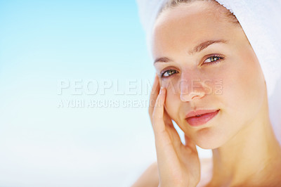 Buy stock photo Beauty salon, spa and portrait of woman outdoor for skincare, treatment and glowing skin results with mockup. Spa, face and female person with hair care towel for luxury, wellness or dermatology