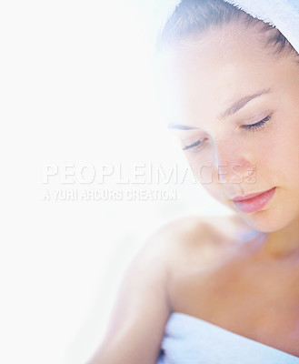 Buy stock photo Woman, beauty and spa treatment on mockup for skincare, facial or cosmetics against a white studio background. Face of calm female person or model in relax for dermatology, hygiene or wellness
