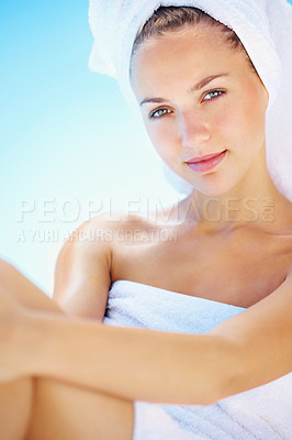 Buy stock photo Portrait, spa and young woman with towel for self care, cosmetic or body treatment. Beauty, clean and female person from Canada with grooming, health or wellness skin routine at natural salon.