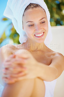 Buy stock photo Happy, spa and young woman with towel for hygiene, wellness and self care treatment. Beauty, smile and female person from Canada with health, cosmetic and clean body skin routine at natural salon.