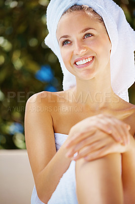 Buy stock photo Smile, body care and woman with towel for epilation, hair removal or shaving treatment for hygiene. Beauty, happy and happy young female person from Canada with wax or depilation routine for health.