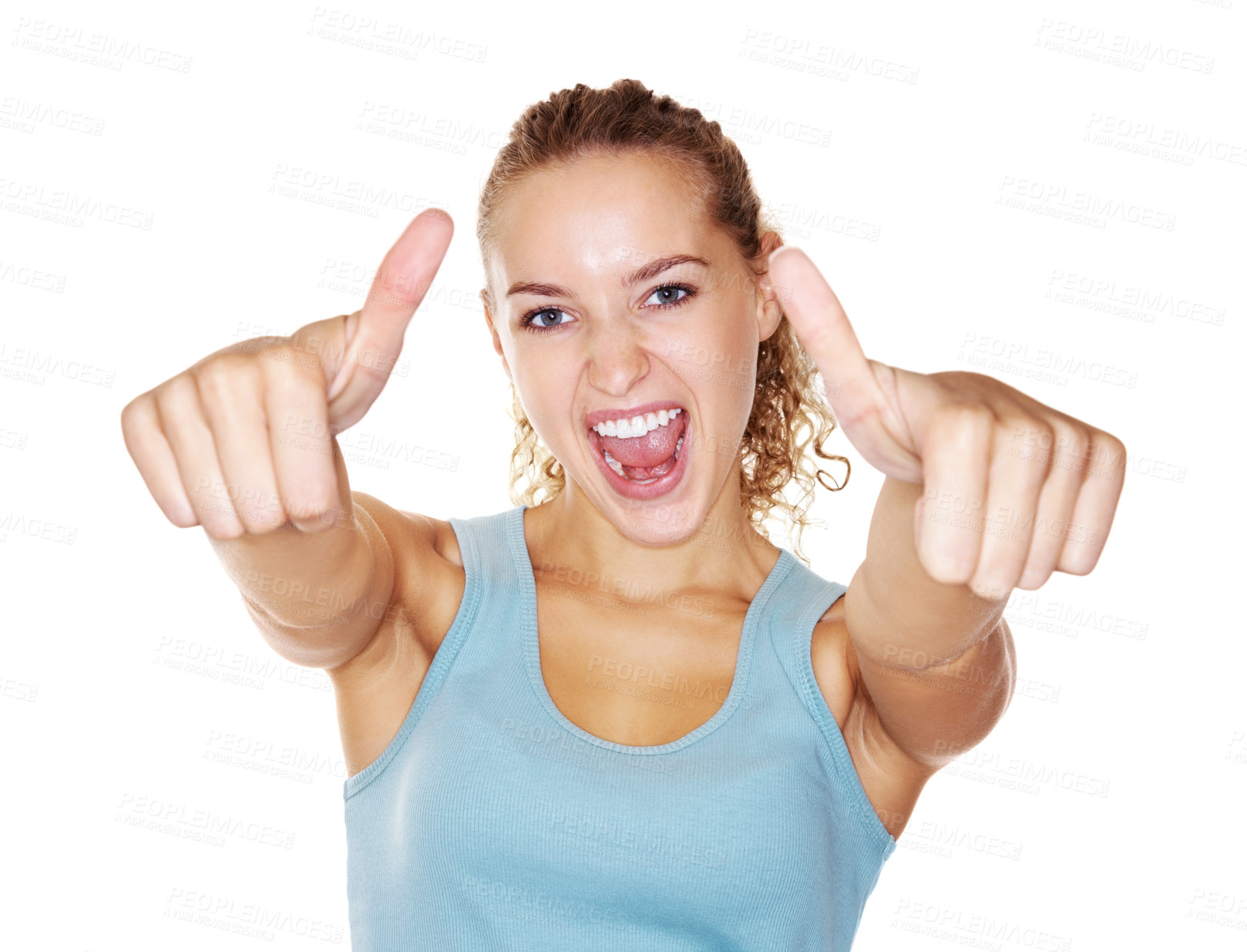 Buy stock photo Young excited female gesturing a thumbs up sign isolated against white