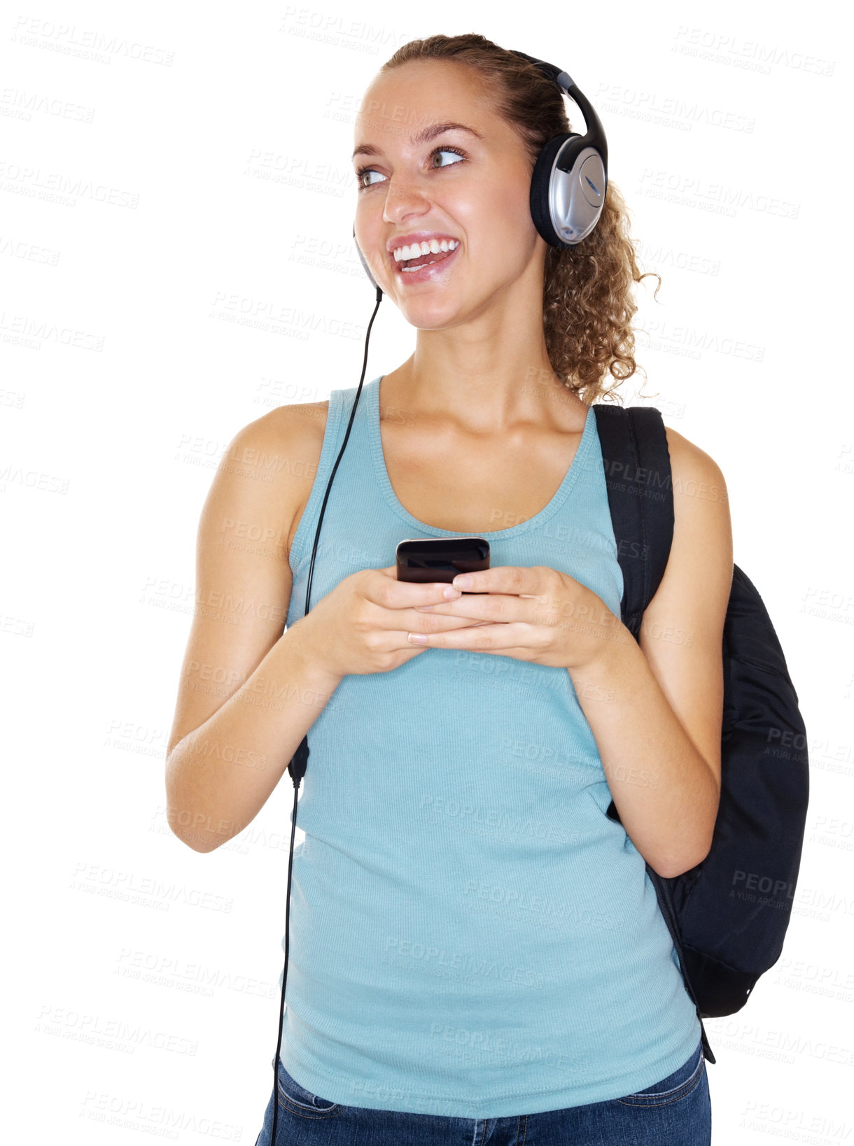 Buy stock photo Happy female college student with an music player isolated against white background