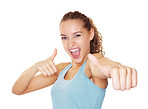Young excited female gesturing a thumbs up on white