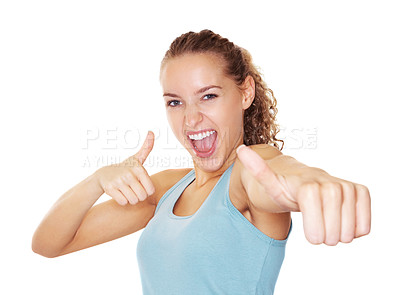 Buy stock photo Excited Caucasian female gesturing you a success sign isolated against white