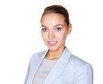 Smiling female business executive isolated against white