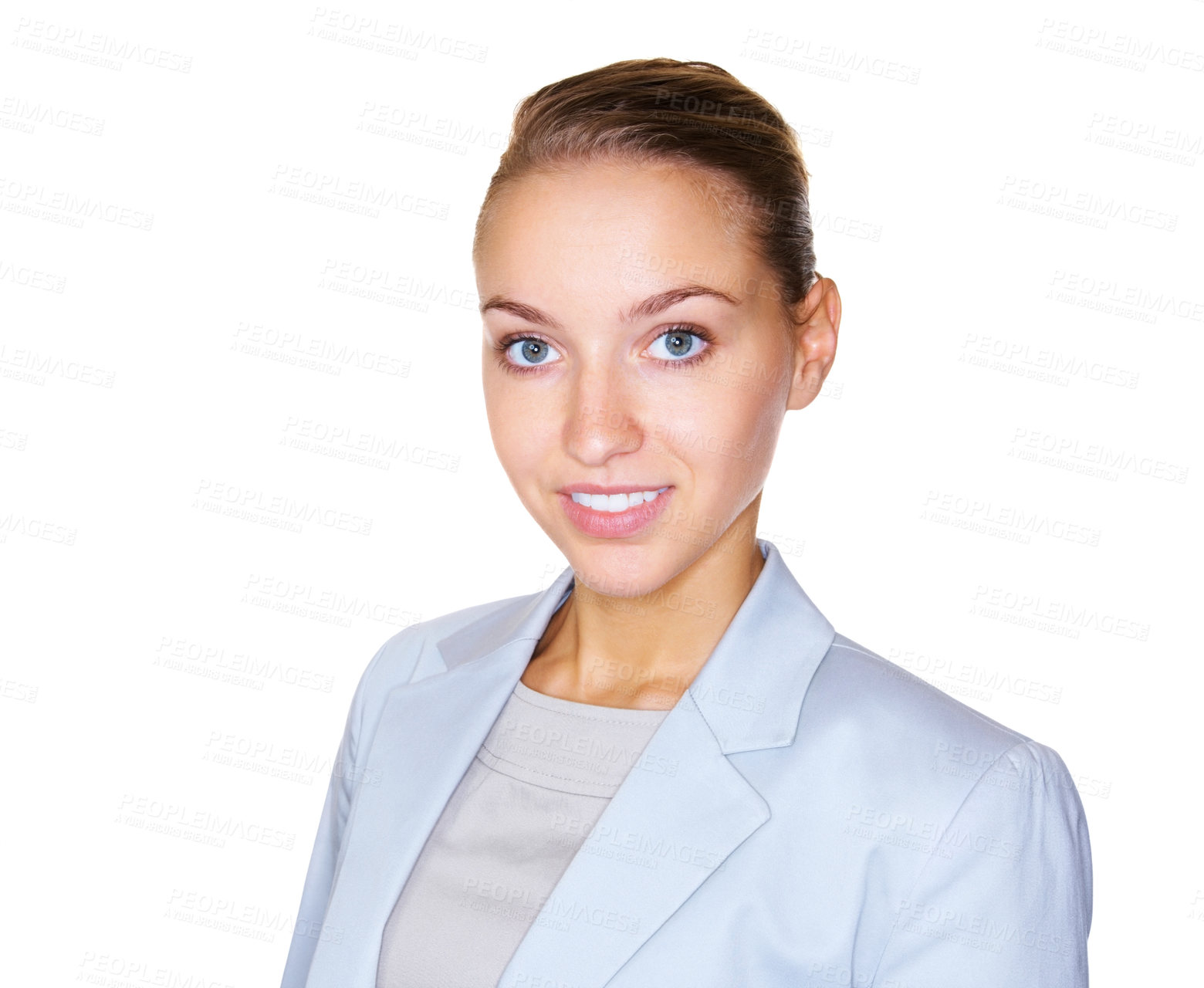 Buy stock photo Portrait of a smiling pretty business woman isolated against white background